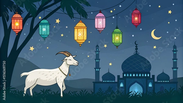Fototapeta Eid ul adha mubarak theme a goat is standing with a lot of islamic lantern lights in different colours around it behind beautiful view of mosque view and dark night with stars , Generative AI