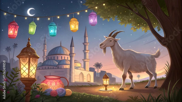 Fototapeta Eid ul adha mubarak theme a goat is standing with a lot of islamic lantern lights in different colours around it behind beautiful view of mosque view and dark night with stars , Generative AI