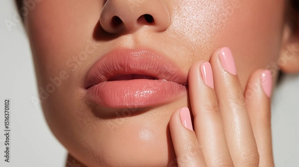 Fototapeta Close-up portrait of a young  woman with a serene expression and flawless skin, showcasing a natural skincare routine at home