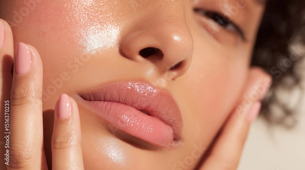 Fototapeta Close-up portrait of a young  woman with a cheerful expression and radiant skin, showcasing a natural skincare routine at home