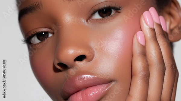 Fototapeta Close-up portrait of a young Black woman with a serene expression and radiant skin, showcasing a natural skincare routine at home