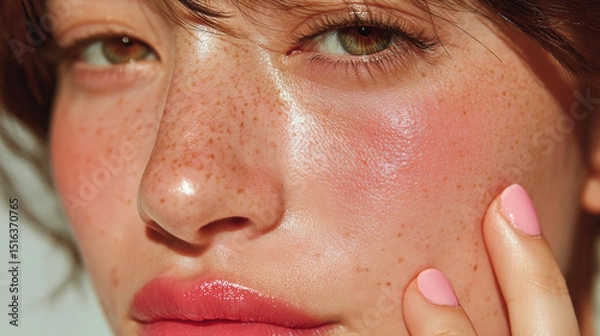 Fototapeta Close-up portrait of a young  woman with a confident expression and dewy skin, showcasing a natural skincare routine at home