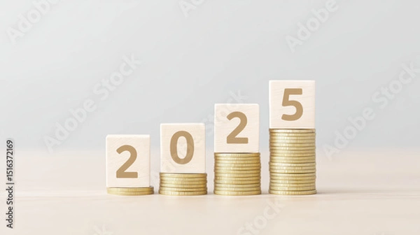 Obraz Wooden blocks displaying the year 2025 are stacked beside piles of golden coins, symbolizing financial growth and future investment opportunities in a minimalist setting