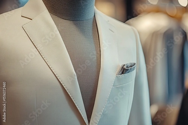 Obraz Close-up of a white suit jacket with pocket square on a gray mannequin. Suits for business, prom, or wedding fashion concepts and apparel advertising.