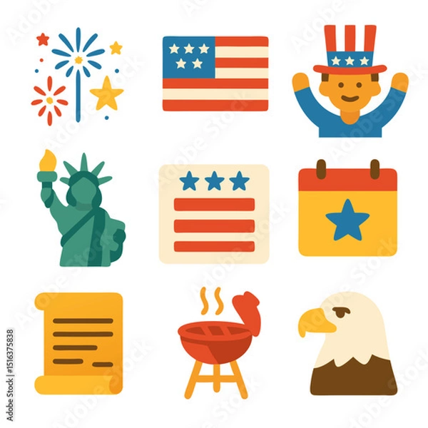 Obraz Independence Day American patriotic icons for the Fourth of July, suitable for holiday celebrations and promotional materials. Icons include stars, stripes, flags, and fireworks.