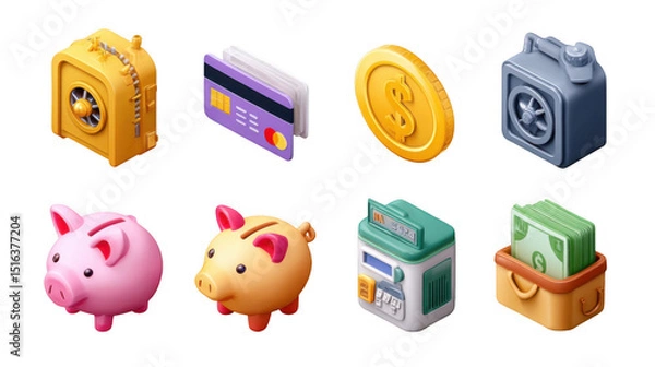 Fototapeta Set of colorful 3d icons related to banking, finance, and saving money, featuring piggy banks, safes, credit cards, dollar coins and bills, and an atm, arranged on a transparent background