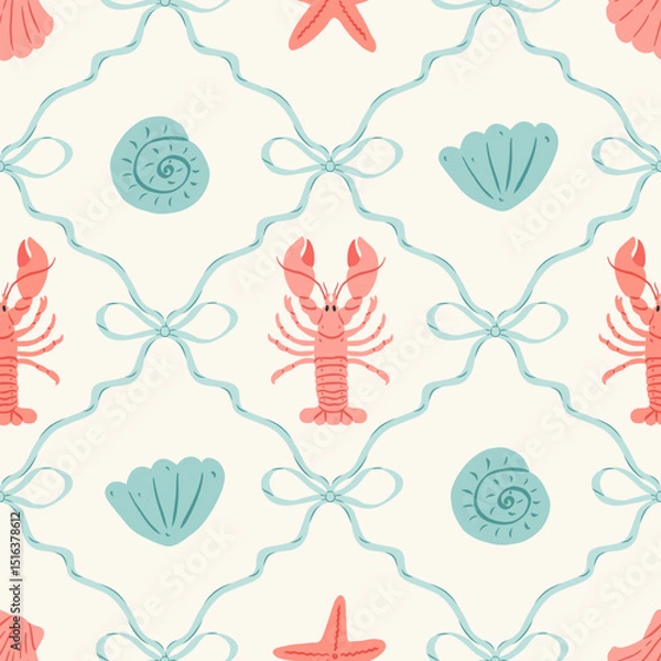 Fototapeta Cute marine seamless pattern with bows, lobster, crab, seashell and starfish. Preppy summer sea print. Coastal modern background. Vintage damask design for fabric, wallpaper or wrapping paper.