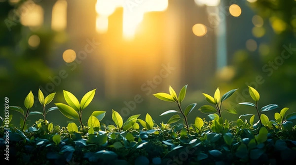 Fototapeta Blurred City Skyline with Sunlit Green Plants - Sustainable Urban Development Visual with Text Space for Eco Branding