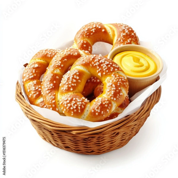 Fototapeta A serving basket filled with hot pretzels, baked to a glossy golden-brown and topped with salt, accompanied by cheese sauce and spicy mustard.