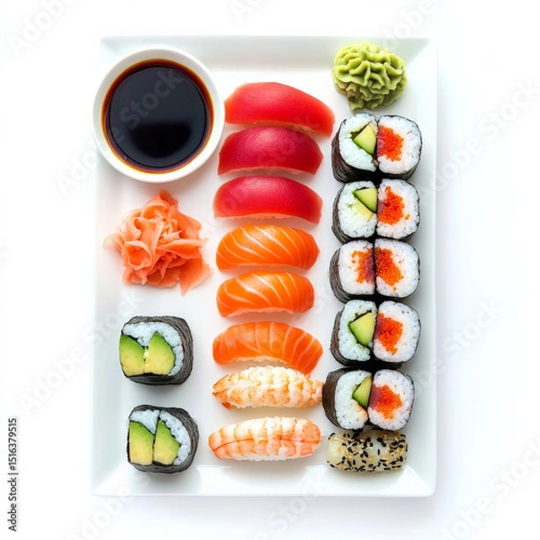 Fototapeta A selection of sushi with tuna, salmon, shrimp nigiri, and colorful maki rolls, served with wasabi, soy sauce, and pickled ginger.