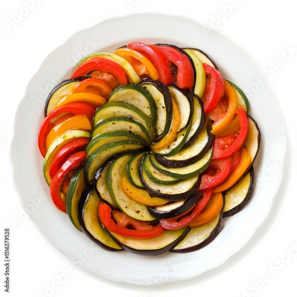 Fototapeta A spiral-styled ratatouille made with thin-sliced zucchini, eggplant, tomatoes, and bell peppers, brushed lightly with olive oil.