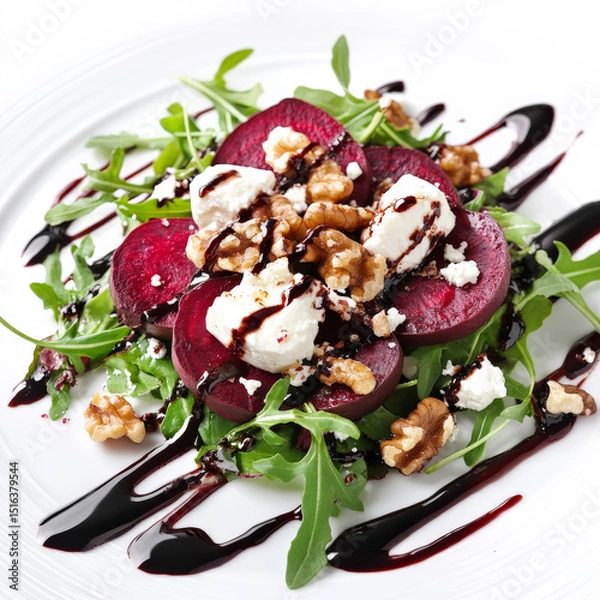 Fototapeta A roasted beet salad topped with goat cheese, arugula, walnuts, and a sweet balsamic reduction, served as a vibrant and healthy dish.