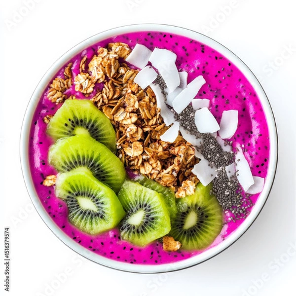 Fototapeta A tropical smoothie bowl made from dragon fruit, topped with granola, kiwi, coconut flakes, and chia seeds for a vibrant breakfast.