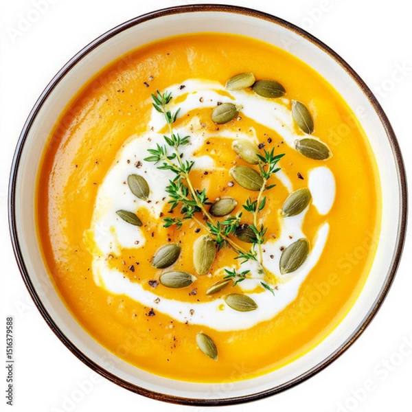 Fototapeta A creamy butternut squash soup topped with toasted pumpkin seeds, a swirl of cream, and fresh herbs perfect for fall.