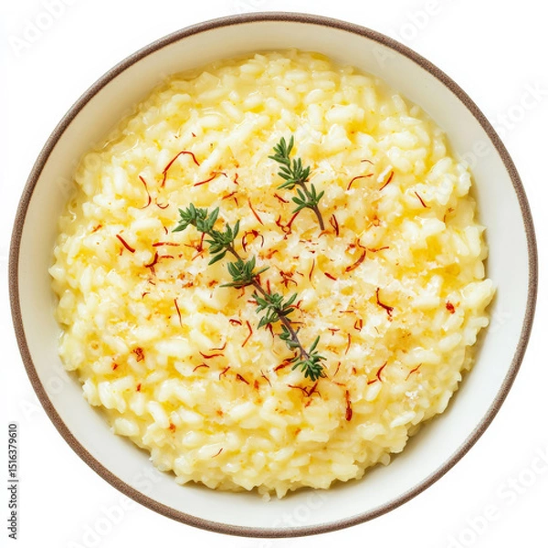 Fototapeta Risotto alla Milanese made with saffron, Parmesan, and butter, topped with saffron threads and thyme in a shallow bowl.