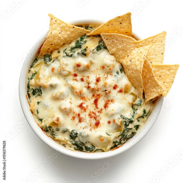 Fototapeta Warm spinach-artichoke dip, creamy and cheesy with melted mozzarella and paprika, paired with crisp tortilla chips.