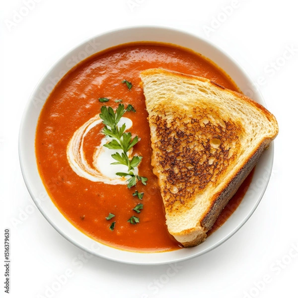 Fototapeta A bowl of velvety tomato soup swirled with cream, served with a crunchy grilled cheese sandwich for a classic cozy combo.
