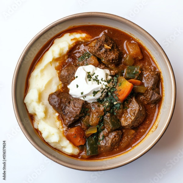 Fototapeta A bowl of Ethiopian-inspired stew with spicy berbere sauce over mashed potatoes, blending bold flavors with a French-style creamy touch and creme fraeche topping.