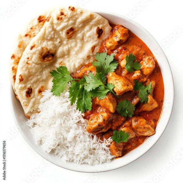 Fototapeta A bowl of aromatic chicken tikka masala with juicy marinated pieces in rich tomato curry, served with naan and basmati rice, finished with fresh herbs.
