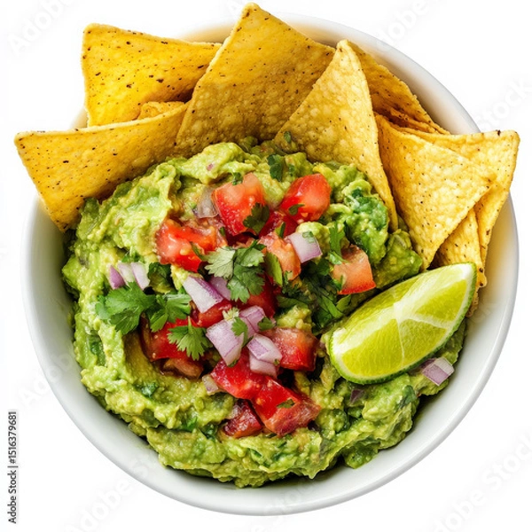 Fototapeta A bowl of chunky guacamole made with ripe avocados, tomatoes, onions, cilantro, and lime, served with crispy tortilla chips e a Mexican staple.