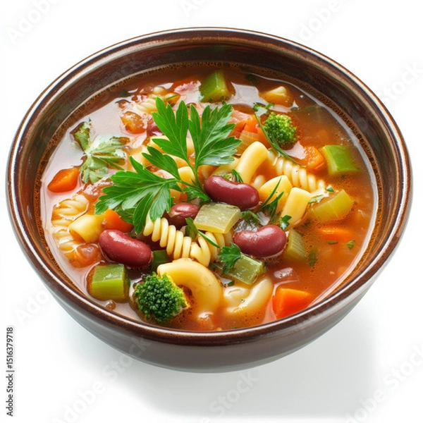 Fototapeta A vibrant bowl of minestrone with vegetables, pasta, and beans in tomato broth, garnished with parsley and a touch of olive oil.