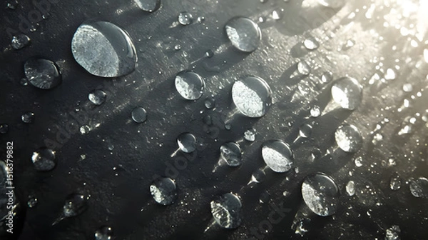 Fototapeta Water Droplets on Black Background with Sunlight - Dynamic Top-Right Lighting for Beauty Tech & Abstract Visuals