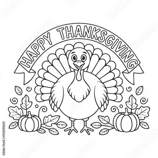 Fototapeta Cute cartoon turkey wearing a pilgrim hat wishes happy thanksgiving day outlined for coloring page on white background