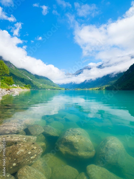 Fototapeta Norway. Nature in fjords. High mountains and reflections on the surface of the water. Scandinavia. Vacation and travel in summer Norway. Wallpaper, postcard, background.