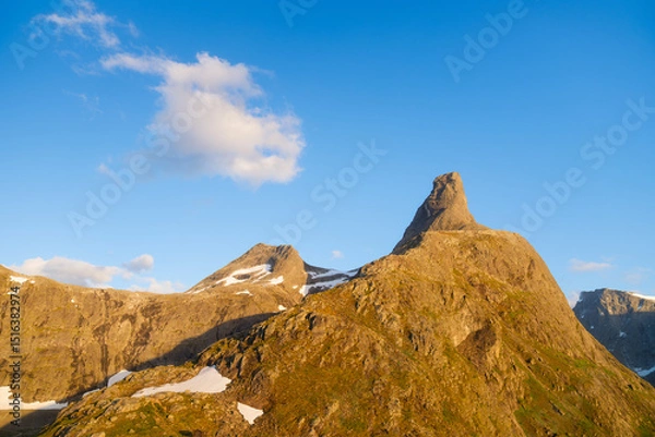 Fototapeta Mountain landscape. Nature in Norway. Panoramic view of wild Norway. Landscape in summer time. A place for rock climbing and trekking. Scandinavia.