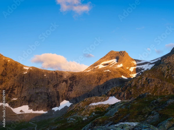 Fototapeta Mountain landscape. Nature in Norway. Panoramic view of wild Norway. Landscape in summer time. A place for rock climbing and trekking. Scandinavia.