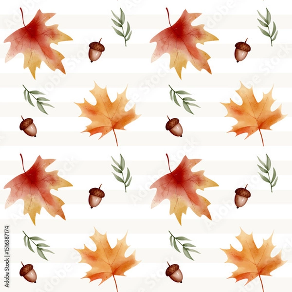 Obraz Seamless watercolor autumn pattern with leaves, herbs. Hand painted fall background for fabric and print