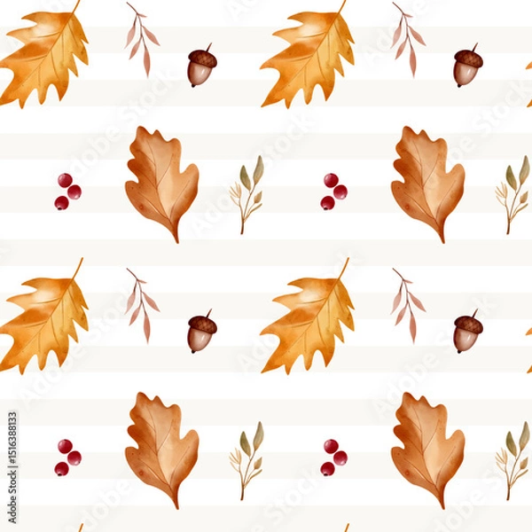 Obraz Fall foliage watercolor seamless pattern. Hand drawn leaves, berries and herbs for seasonal decor