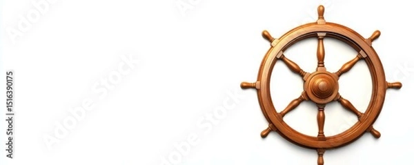 Fototapeta Elegant Wooden Ship's Steering Wheel with Eight Spokes and Rounded Handles on White Background for Nautical, Maritime, Travel and Marine Design Use