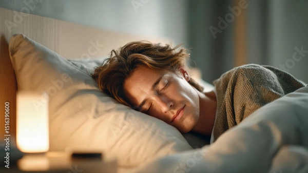 Fototapeta A young man sleeps peacefully in bed, illuminated by soft, warm ambient lighting in a cozy bedroom.