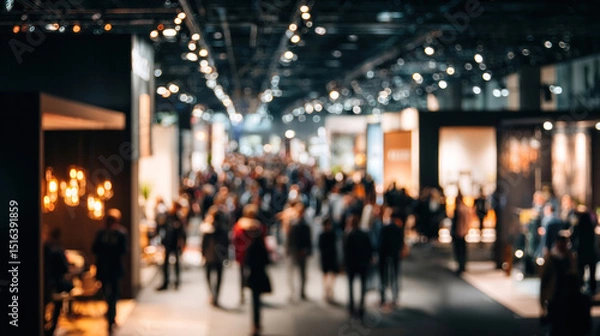 Fototapeta Blurred image of people at a product showcase event, elegant trade booths, ambient lighting, professional signage, crowds navigating through pathways, modern exhibition layout and brand presentations