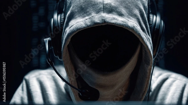 Fototapeta Cybercriminal in disguise operating in scam call center, close-up of masked face under hood, typing on keyboard, headset mic on, shadowy room with digital crime background