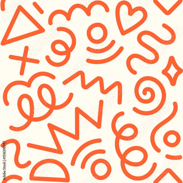Fototapeta Memphis fun geometric seamless pattern. Cool abstract background, retro 80s, 90s style with basic shapes: star, triangle, circle, semicircle, heart, zigzag, spiral, wavy lines. Cute kid doodle design.