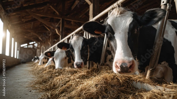 Fototapeta Group of dairy cows eating hay from feeding trough inside clean cowshed, natural light streaming in, calm atmosphere, showing healthy livestock and modern farm management