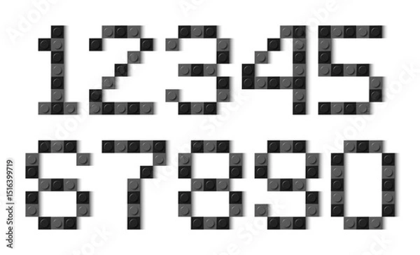 Fototapeta Numbers composed of black and grey plastic brick toy blocks on white background. Building bricks font. Vector background illustration