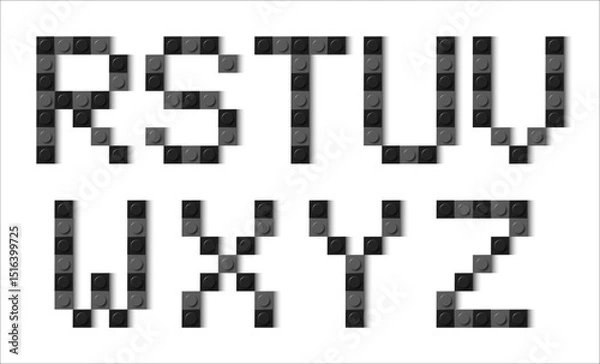 Fototapeta Letters of the alphabet composed of black and grey plastic brick toy blocks on white background. Building bricks font. Vector background illustration