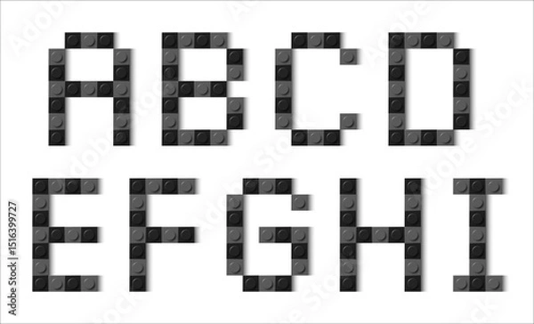 Fototapeta Letters of the alphabet composed of black and grey plastic brick toy blocks on white background. Building bricks font. Vector background illustration