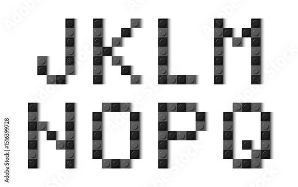 Fototapeta Letters of the alphabet composed of black and grey plastic brick toy blocks on white background. Building bricks font. Vector background illustration
