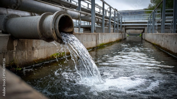Fototapeta Industrial factory pipe discharging water into outdoor drainage system, visible metal structures and concrete walls, concept of wastewater management and environmental impact