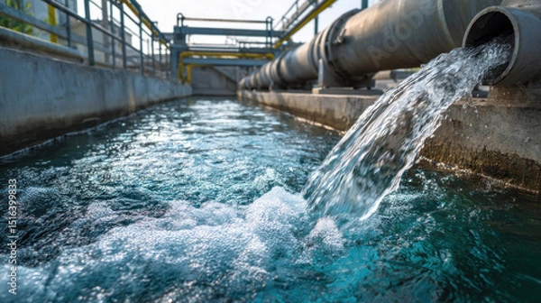 Fototapeta Industrial factory pipe discharging water into outdoor drainage system, visible metal structures and concrete walls, concept of wastewater management and environmental impact