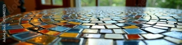 Fototapeta Colorful glass mosaic table design with sunlight reflections in cozy room interior