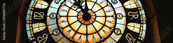 Fototapeta Antique stained glass clock face with roman numerals and intricate details