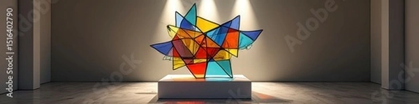 Fototapeta Illuminated abstract stained glass sculpture in modern gallery setting
