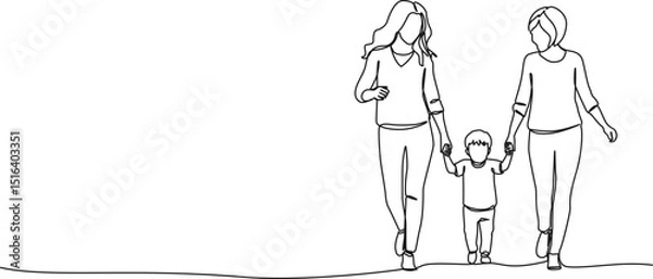 Obraz continuous single line drawing of two women walking hand in hand with a young child, line art vector illustration