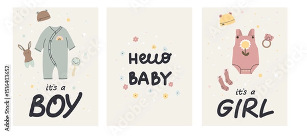 Obraz Happy birthday invitation. Card design. Pastel newborn party with clothes and toys. Cute poster or print. Decorative banners. Baby shower. Vector cartoon flat style isolated illustration set