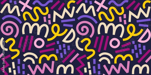 Fototapeta Memphis geometric seamless pattern. Multicolor abstract background in retro 80s, 90s style with various shapes: circles, semicircles, dots, zigzags, spirals, wavy lines. Cute kid doodle design.	
